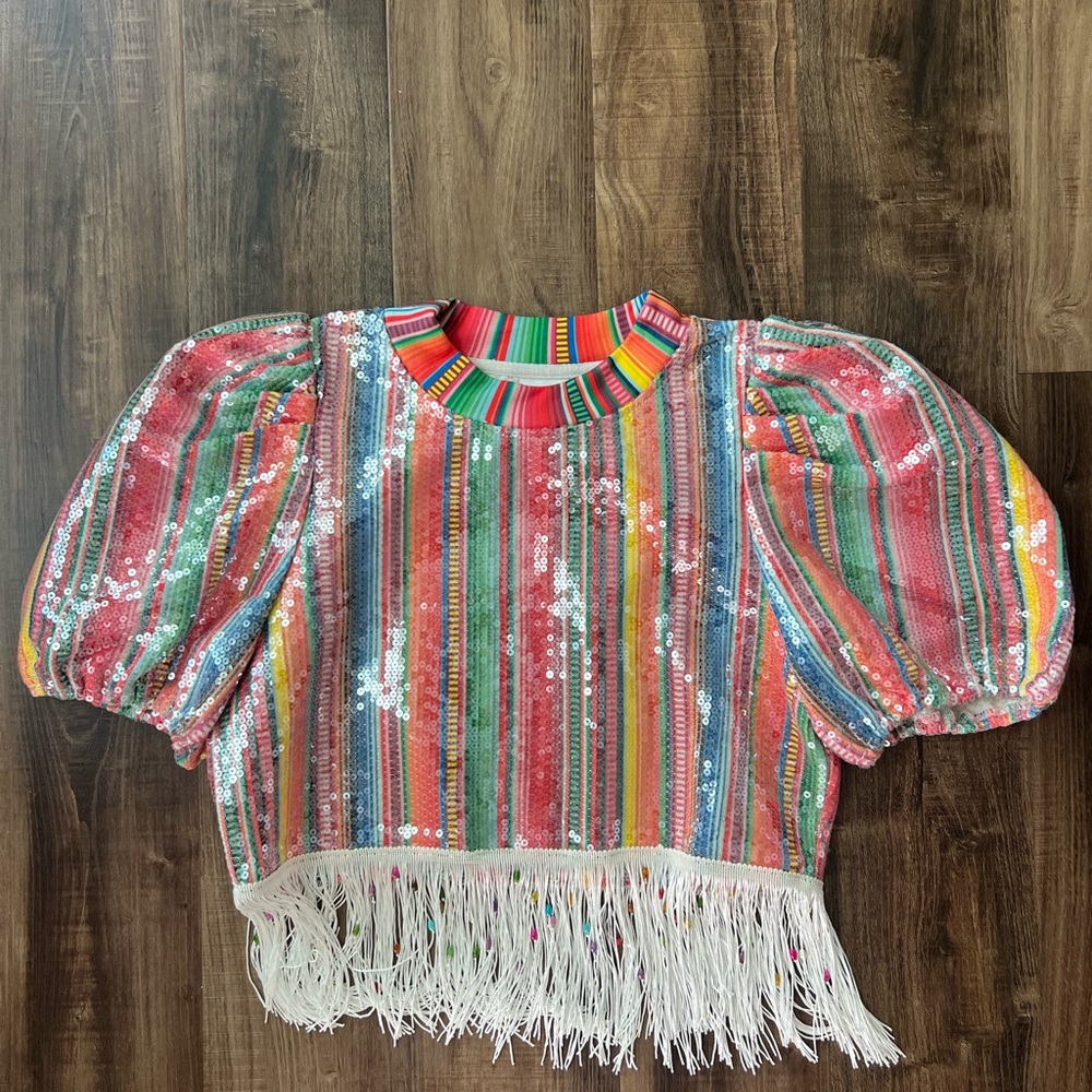 QUEEN OF SPARKLES Multicolor Sequin Fringe Tee Cinco de Mayo Party